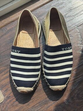 Tory Burch Navy  and Cream Striped Espadrille Slip-Ons w/ Gold Metallic Heel